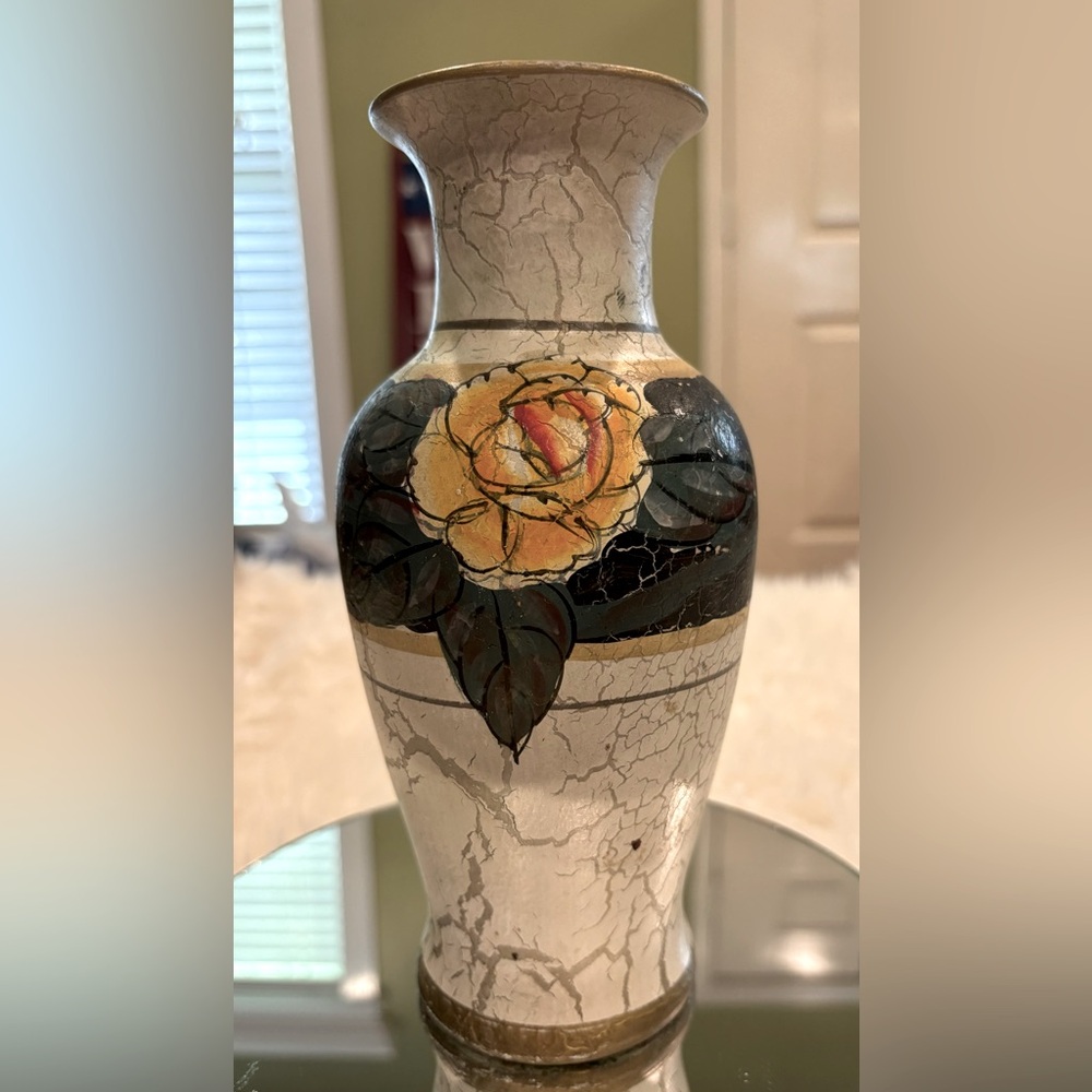 Mediterranean Art  Floral Decor Vase Hand Painted Cracked Paint
